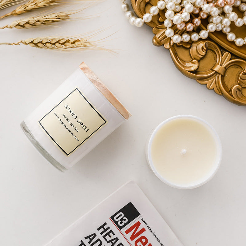White Glass With Wood Cover Aromatic Candle - Various Scents
