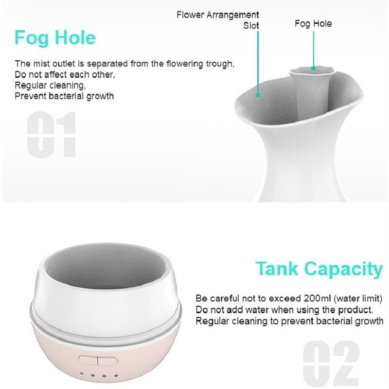 Ultrasonic Air Humidifier Flower Arrangement Essential Oil Diffuser With Colorful Night Light 200ML