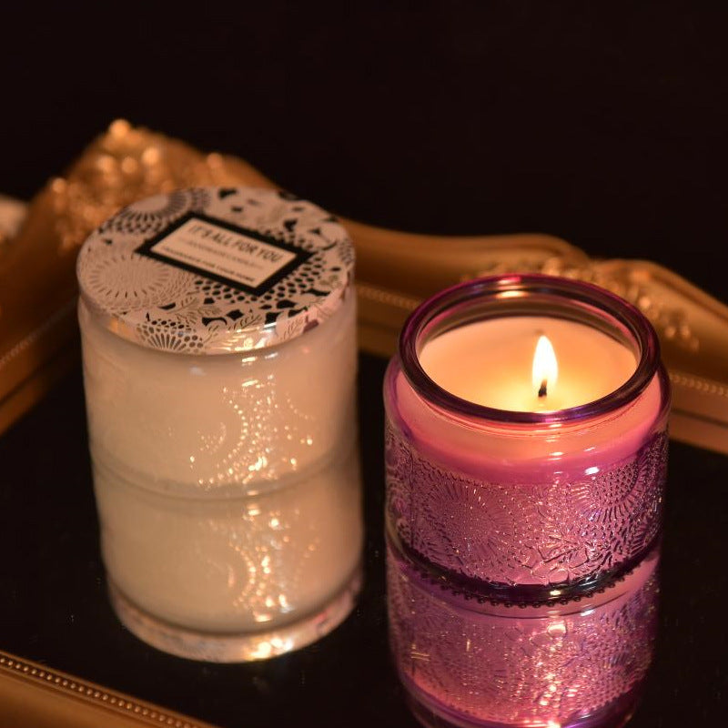 Red Embossed Glass Aromatherapy Candle