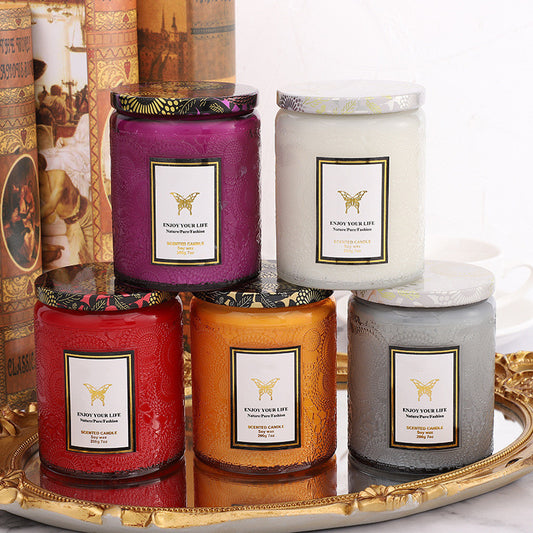 Embossed Glass Handmade Aromatherapy Soy Candles - Various Scents