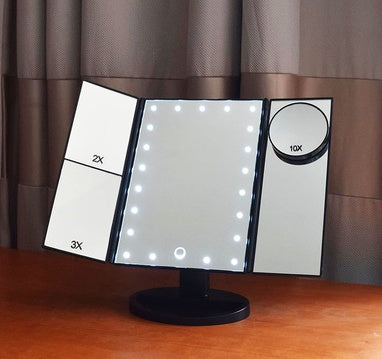 Three-sided Foldable Magnifying Desktop Makeup Mirror With Lights